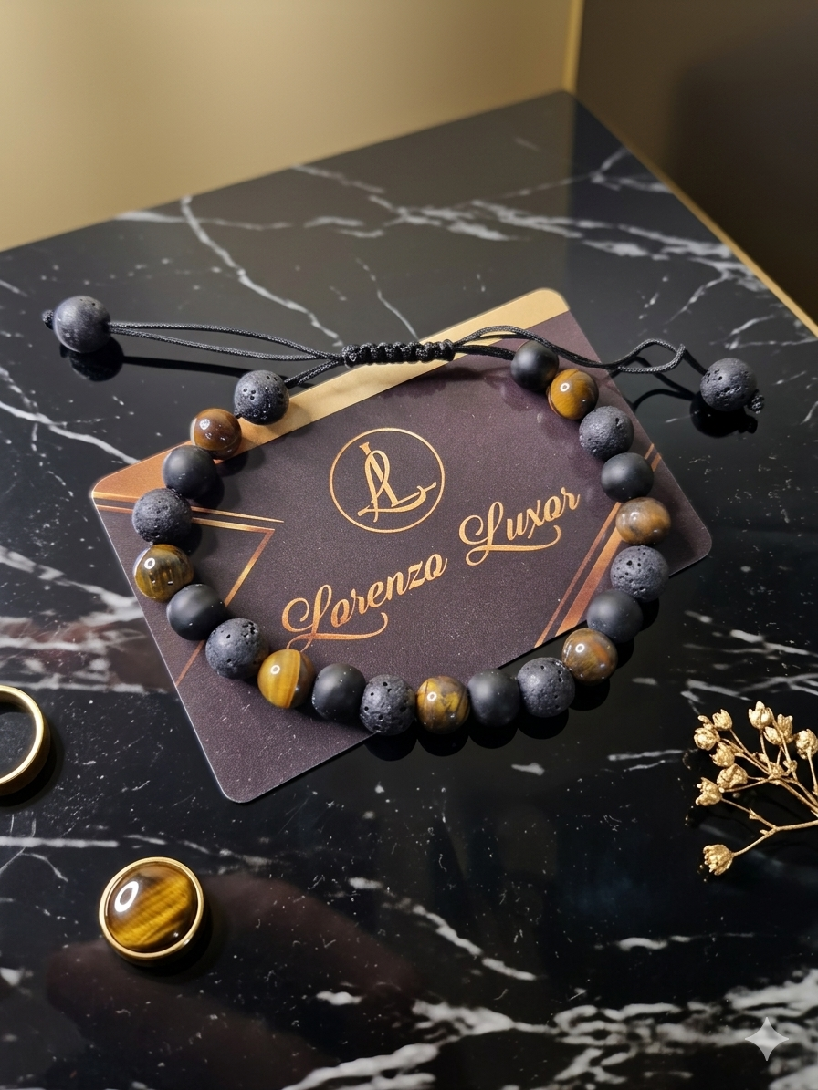 Brățară bărbați Lorenza Luxor din pietre vulcanice, ochi de tigru și mărgele negre mate, reglabilă.