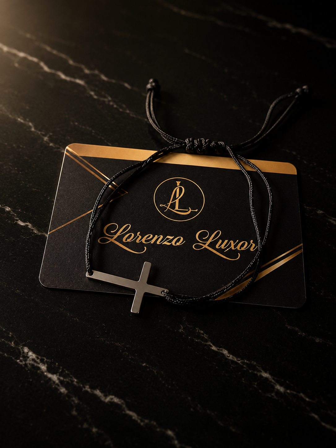 Bratara Snur Negru Reglabil cu Cruce Argintie - Lorenzo Luxor
